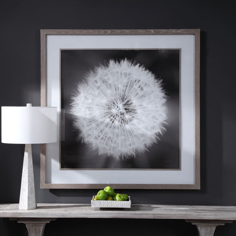 Framed print of a dandelion seedhead in black from Uttermost, showcasing delicate seed details on a neutral background.