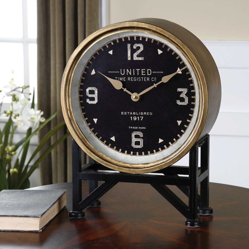Uttermost Shyam black tabletop clock with sleek design and modern style, perfect for desk or tabletop decor.