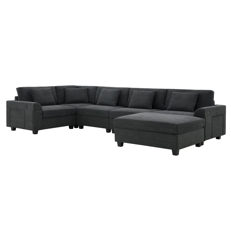 U Shaped Sectional Sofa 6 Seat Couch Set With Oversized Ottoman, Hidden Armrest Storage And Cup Holders USB Charging Ports Wide Seat Sofa - R&R Furniture Gallery (Fountain Valley, CA)