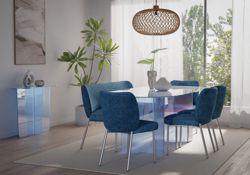 Fomo Chenille-upholstered Stainless Steel Base Dining Chair in Azure