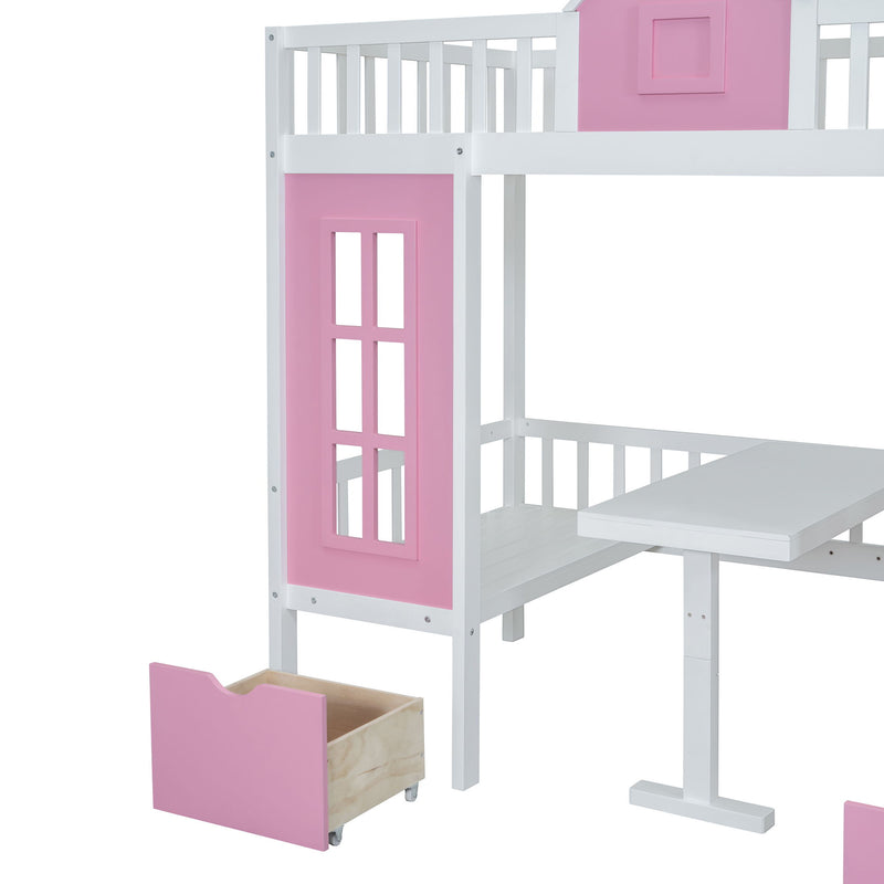 DreamHaus twin over twin bunk bed with changeable table, featuring upper bed and down desk for versatile sleeping and workspace.