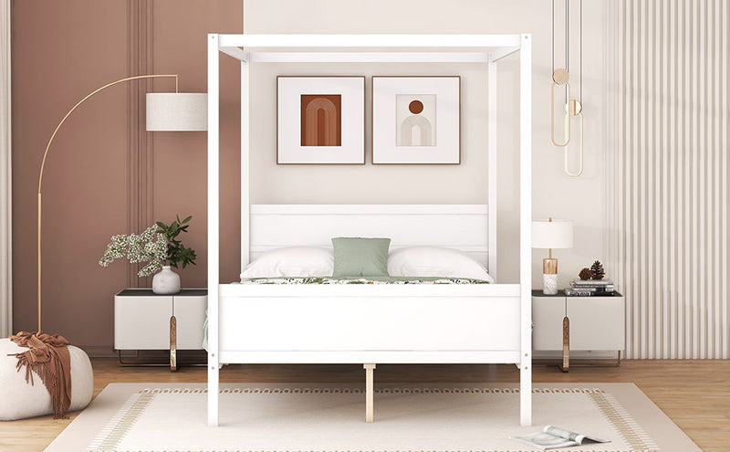 DreamHaus canopy platform bed with headboard, footboard, and slat support legs, showcasing a sturdy wooden frame and elegant design.