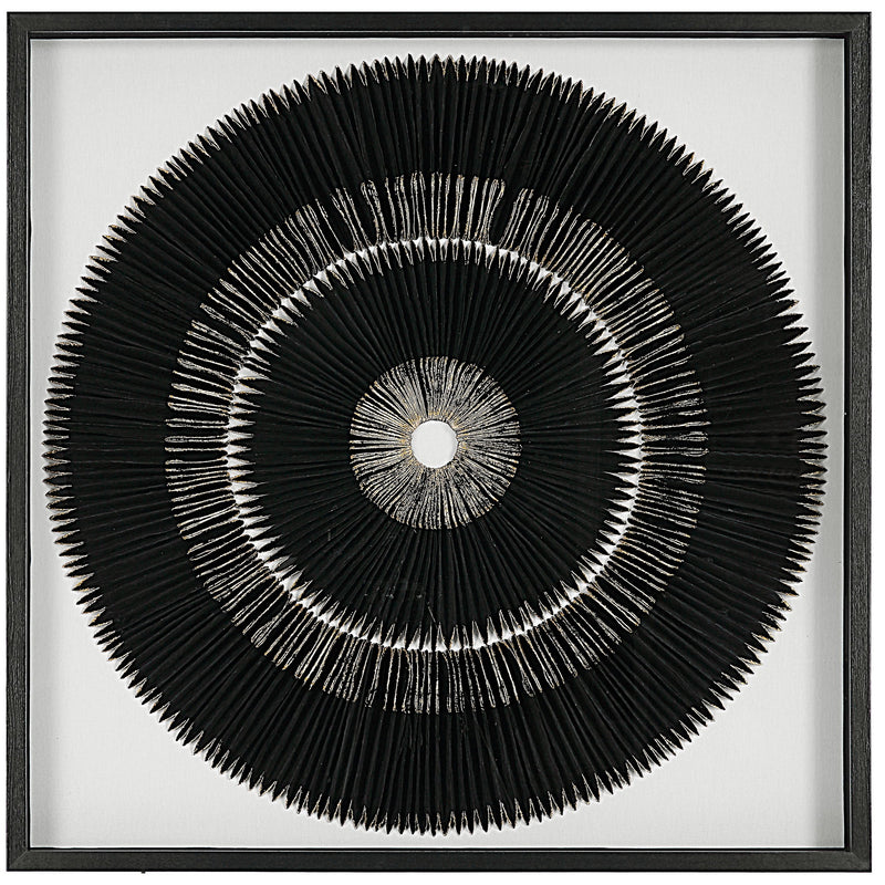 Black and gold shadow box wall decor by Uttermost featuring layered geometric designs in a sleek, modern style.