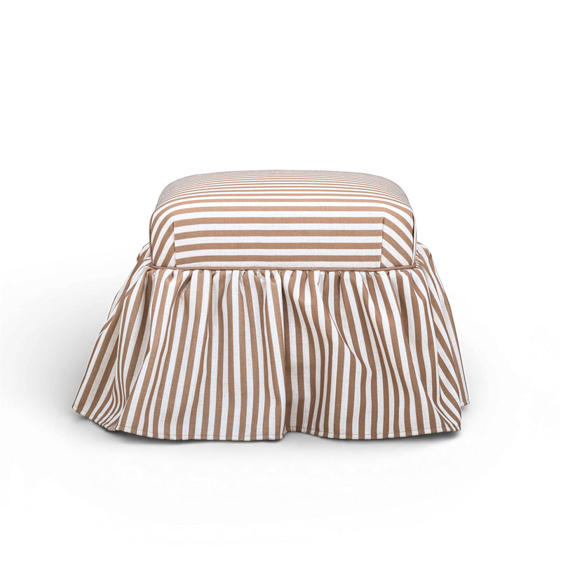 Gertrude striped linen upholstered ottoman by TOV Furniture with a modern, cozy design and sturdy wooden legs.