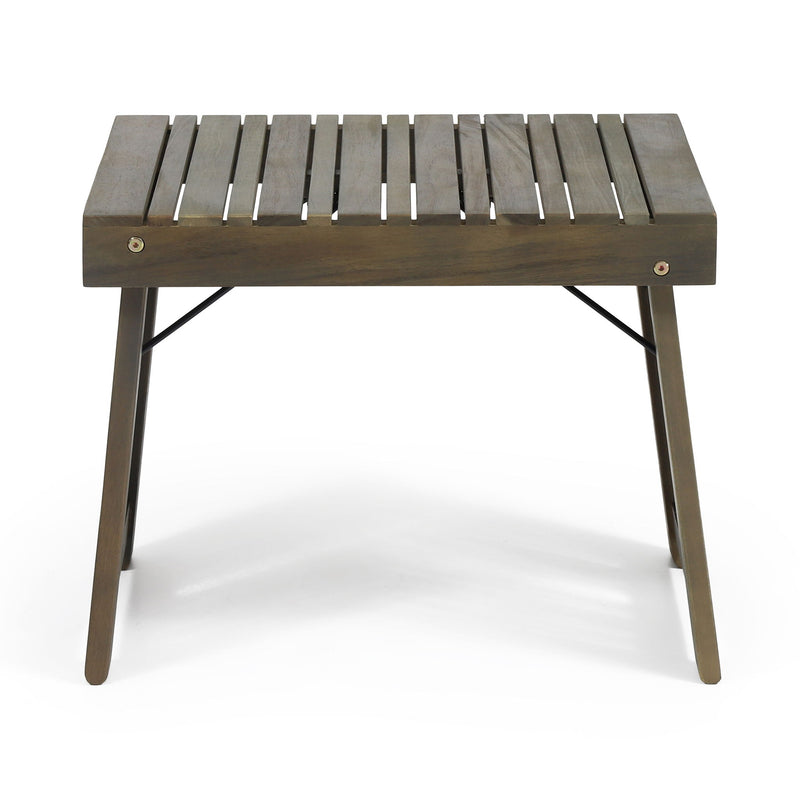 Noble House Temptation outdoor foldable side table with slat design, compact and portable for patio or garden use.
