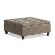 Brown Harrison square coffee table ottoman by Simpli-Home with a cushioned top and wooden legs, versatile for living room use.
