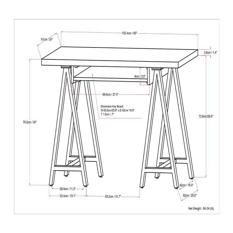 Handcrafted solid wood sawhorse-style writing desk by Simpli-Home with sturdy legs and smooth surface for workspace.
