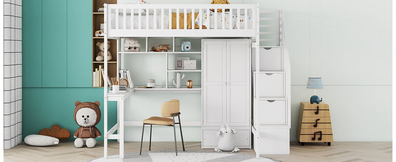 DreamHaus loft bed with integrated bookshelf, drawers, desk, and wardrobe, showcasing a multifunctional bedroom furniture setup.