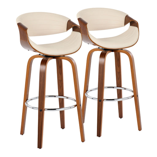 Pair of Lumi Source Symphony mid-century modern fixed height barstools with swivel and round footrest, set of 2, in a stylish design