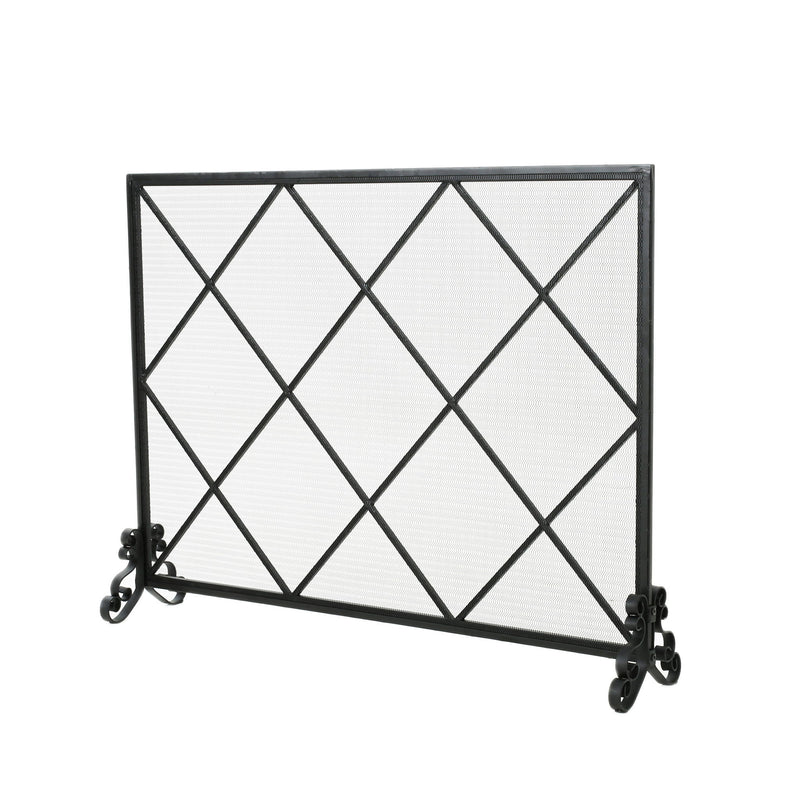 Noble House minimalist single panel iron fireplace screen with diamond pattern, decorative black metal design for fireplace safety.