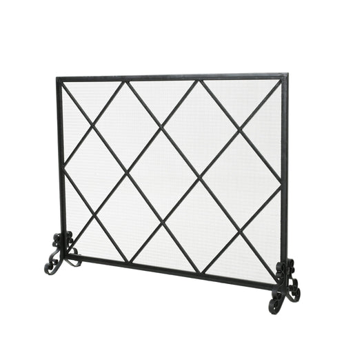 Noble House minimalist single panel iron fireplace screen with diamond pattern, decorative black metal design for fireplace safety.