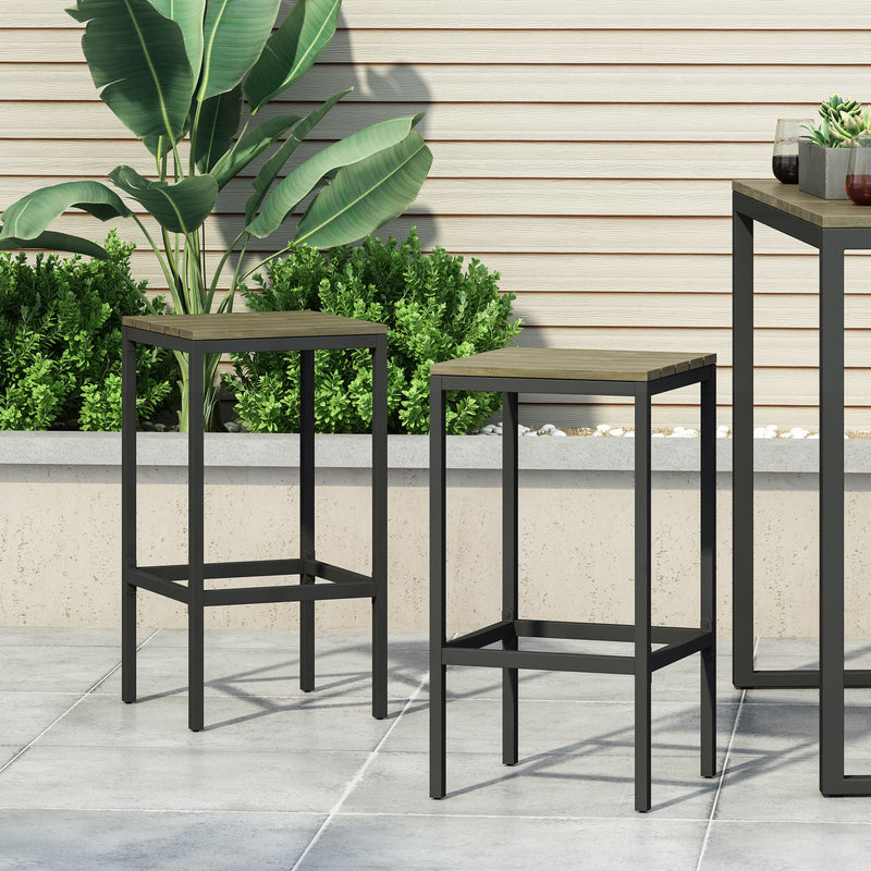 Set of two Noble House outdoor bar stools with slat design and metal frames, ideal for patio or outdoor bar areas.