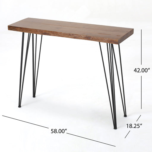 Modern industrial breakfast bar table by Noble House with metal hairpin legs and wood veneer top, natural finish.