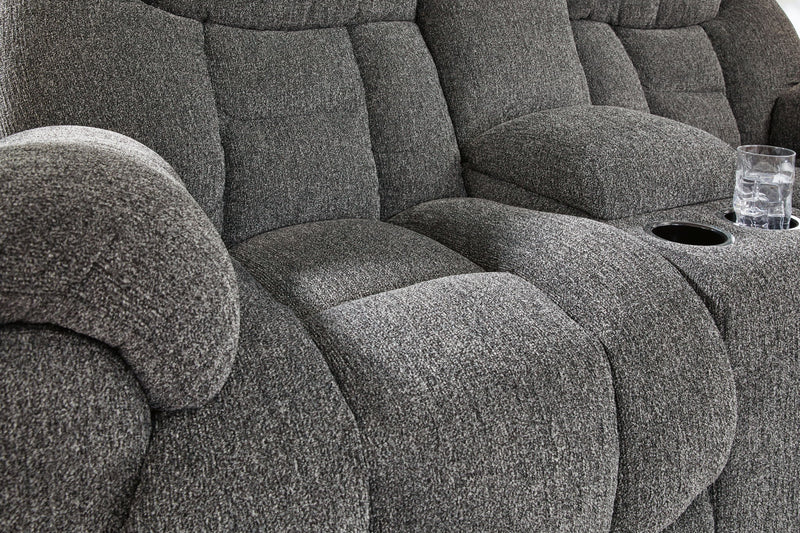 Foreside - Dbl Reclining Loveseat with Console - Charcoal - R&R Furniture Gallery (Fountain Valley, CA)