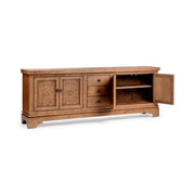 Classic Home Amita brown 3-drawer, 4-door buffet cabinet with sleek design and ample storage space.