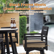 Life Outside 5-piece outdoor patio bar set with rounded square sintered stone table and four swivel bar chairs on a patio.