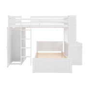 DreamHaus loft bed with stand-alone bed, shelves, desk, and wardrobe in a modern bedroom setup.