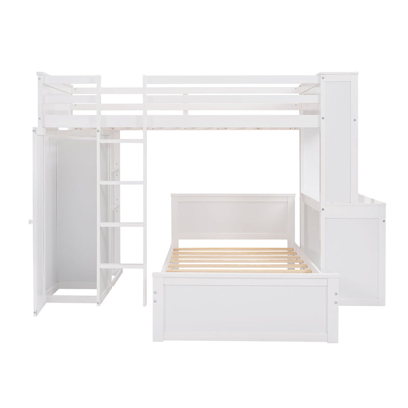 DreamHaus loft bed with stand-alone bed, shelves, desk, and wardrobe in a modern bedroom setup.