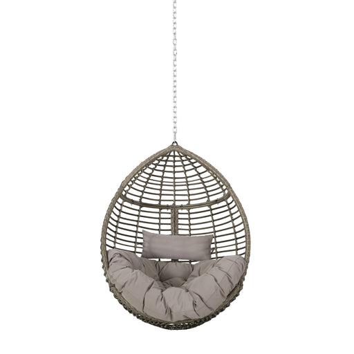 Noble House Morris Teardrop hanging chair with chain and water-resistant cushions, shown in a cozy outdoor setting.