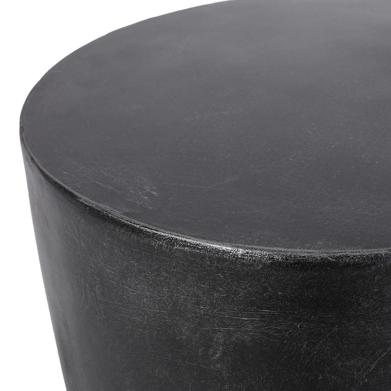 Noble House outdoor concrete end table with natural texture and matte black finish, lightweight and suitable for outdoor use.