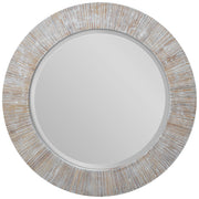 Uttermost Repose round wall mirror with whitewash finish, featuring a sleek, modern design and clean circular frame.