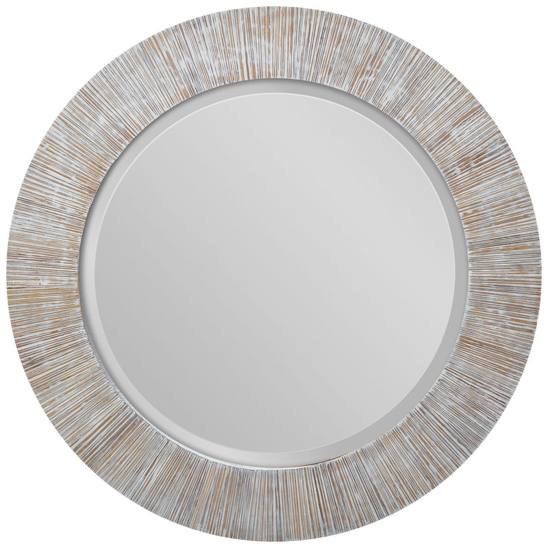 Uttermost Repose round wall mirror with whitewash finish, featuring a sleek, modern design and clean circular frame.