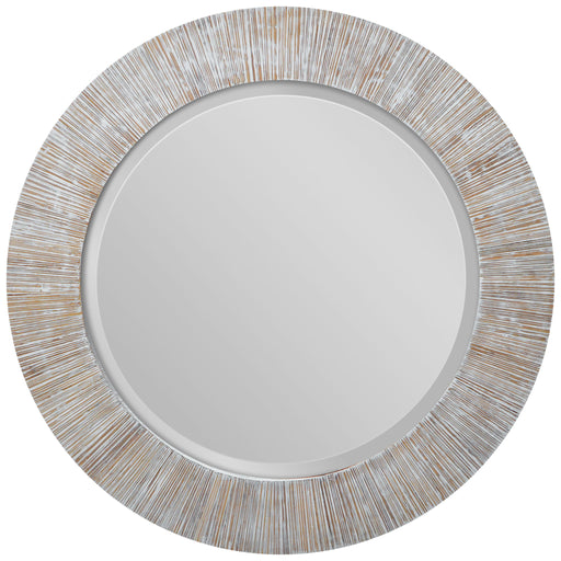 Uttermost Repose round wall mirror with whitewash finish, featuring a sleek, modern design and clean circular frame.