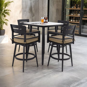 Outdoor patio 5-piece bar set with rounded square sintered stone table and four swivel chairs by Life Outside.