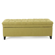 Noble House Juliana storage ottoman with birch wood legs, upholstered in neutral fabric, showcasing a functional and stylish design.