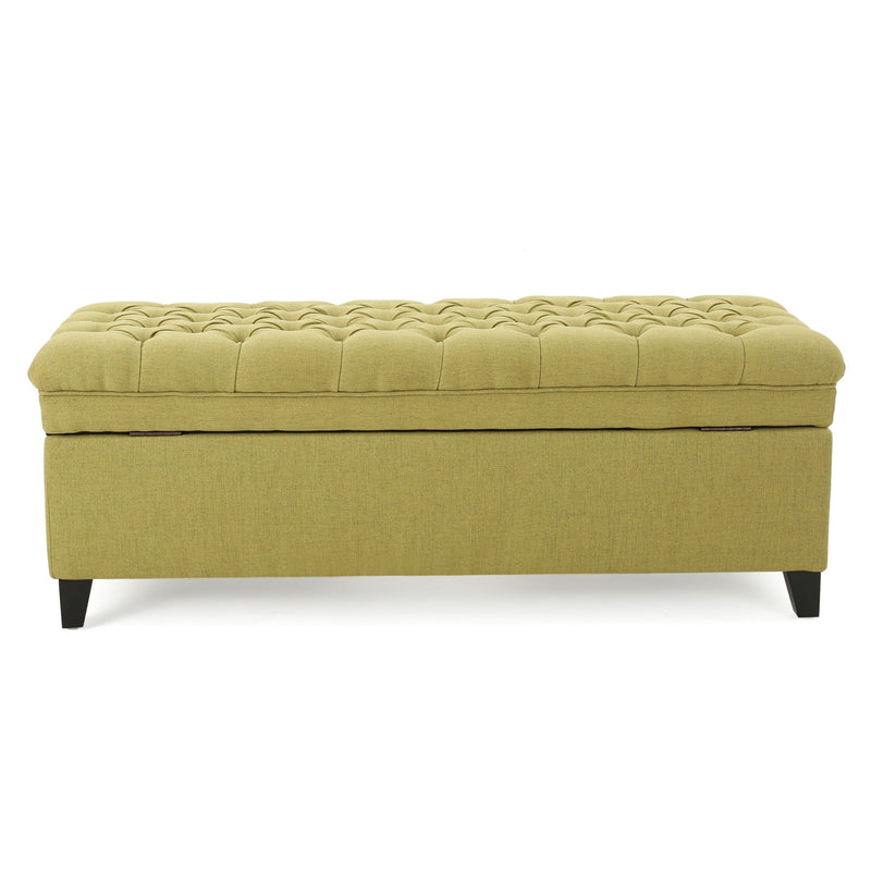 Noble House Juliana storage ottoman with birch wood legs, upholstered in neutral fabric, showcasing a functional and stylish design.