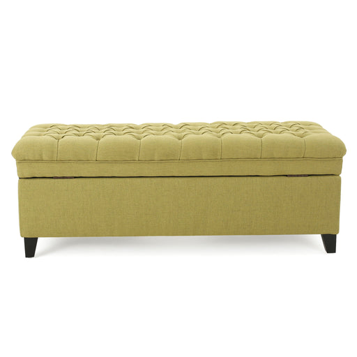 Noble House Juliana storage ottoman with birch wood legs, upholstered in neutral fabric, showcasing a functional and stylish design.