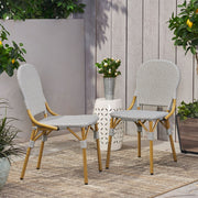 Pair of Noble House outdoor rattan and aluminum armless French bistro chairs in dark gray, set of 2, for patio or garden seating.
