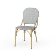 Set of two Noble House outdoor rattan and aluminum armless French bistro chairs in dark gray, perfect for patio or garden seating.