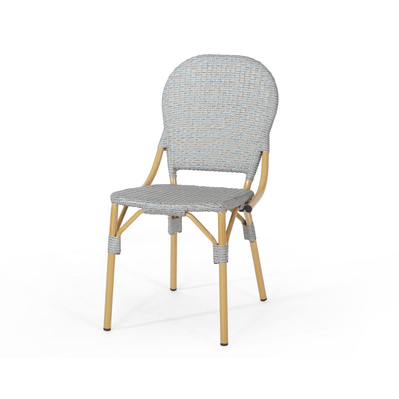 Set of two Noble House outdoor rattan and aluminum armless French bistro chairs in dark gray, perfect for patio or garden seating.