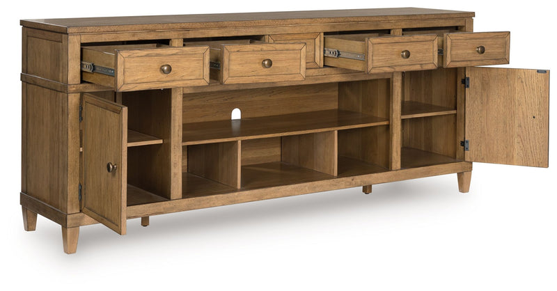 Sharlance - XL TV Stand With Fireplace Option - Light Brown - R&R Furniture Gallery (Fountain Valley, CA)