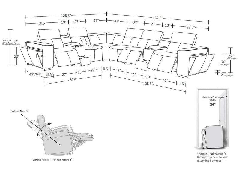 1224 - 8-Piece L-Shaped Sectional Sofa In With 3 Power Recliners & Power Headrests