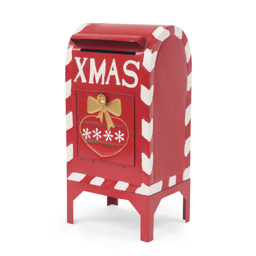 Red Christmas mailbox decoration with festive holiday charm by Noble House, featuring classic holiday design and seasonal details.