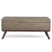 Simpli-Home Owen multifunctional square coffee table storage ottoman with fabric upholstery and built-in storage space.