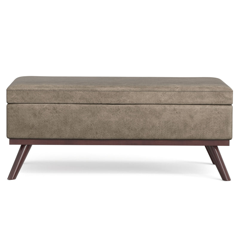 Simpli-Home Owen multifunctional square coffee table storage ottoman with fabric upholstery and built-in storage space.
