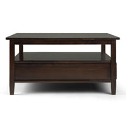 Square tobacco brown coffee table from Simpli-Home's Warm Shaker collection, featuring a sturdy wooden surface and modern design.