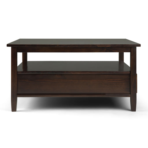 Square tobacco brown coffee table from Simpli-Home's Warm Shaker collection, featuring a sturdy wooden surface and modern design.