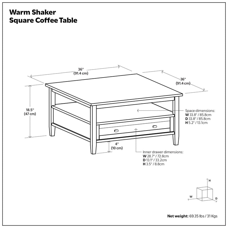 Handcrafted Warm Shaker coffee table by Simpli-Home with a smooth wooden surface and sturdy legs, natural wood finish.