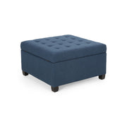 Noble House Isabella contemporary storage ottoman with cushioned top and wooden legs, ideal for living room seating and storage.