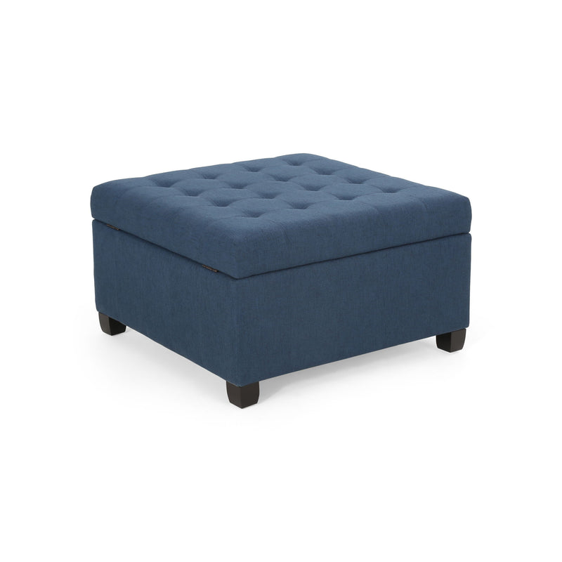 Noble House Isabella contemporary storage ottoman with cushioned top and wooden legs, ideal for living room seating and storage.