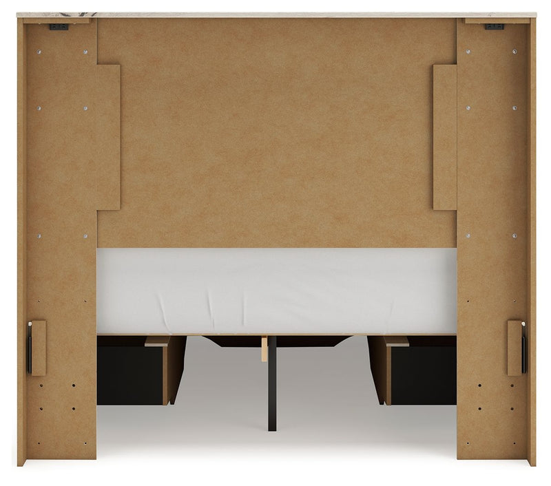 Signature Design by Ashley Lawroy panel storage bed with built-in drawers and a modern wood finish, showcasing a stylish bedroom centerpiece.