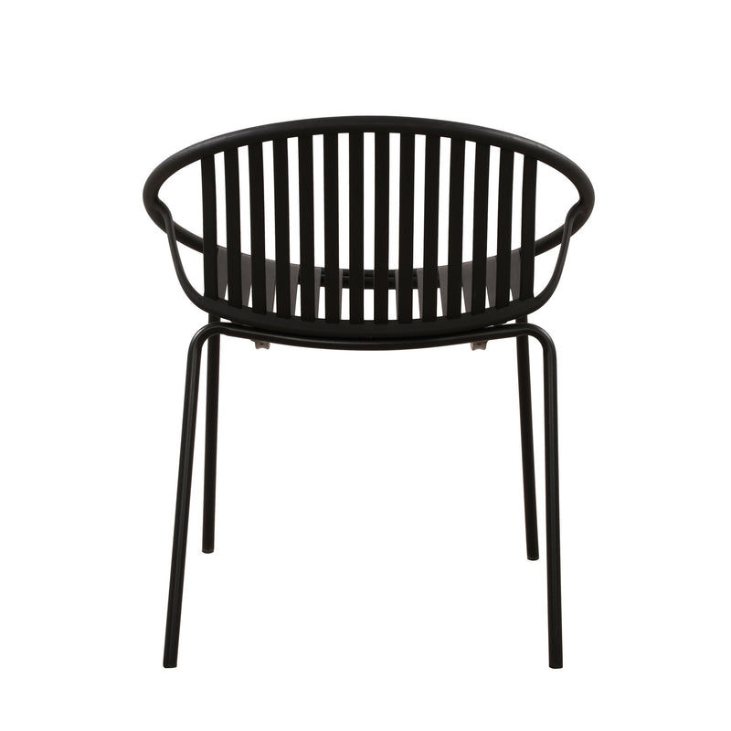 Set of two Noble House stackable outdoor chairs with breathable plastic backrests, perfect for patio or garden seating.
