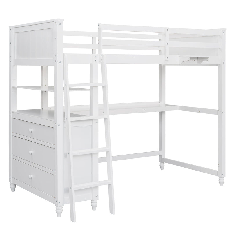 DreamHaus loft bed with built-in drawers, desk, and shelves for optimal space-saving bedroom organization.