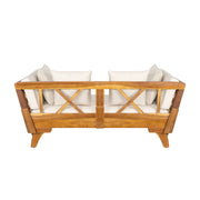Noble House outdoor patio daybed sofa with three seats, foldable armrests, and four back pillows, ideal for outdoor lounging.