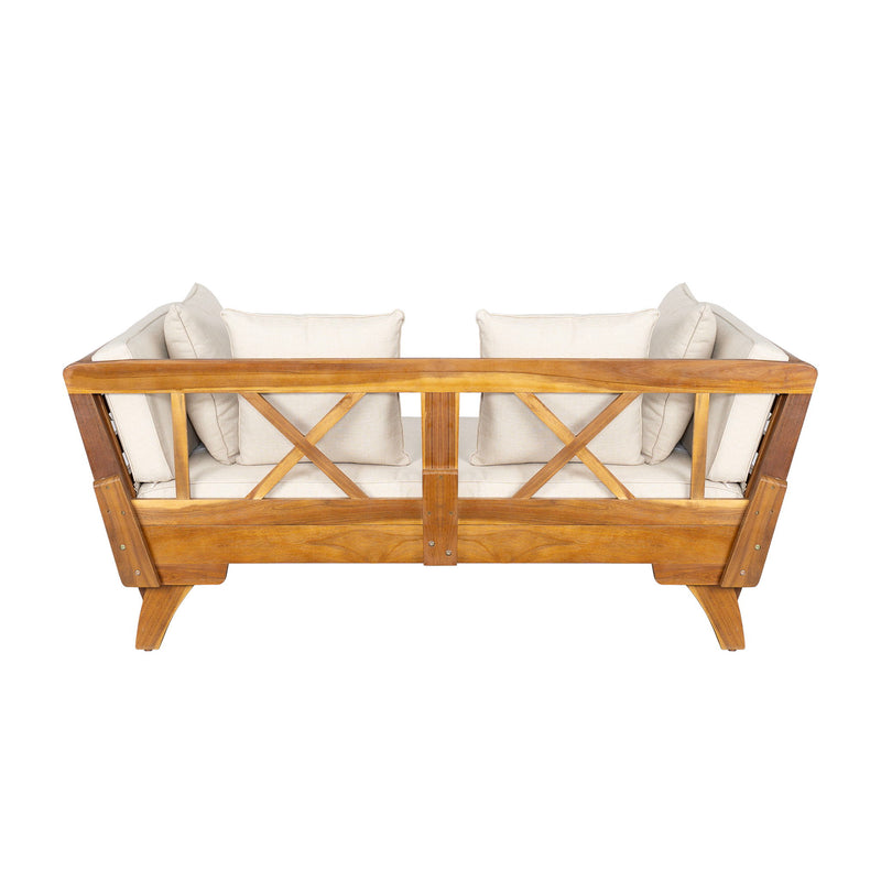 Noble House outdoor patio daybed sofa with three seats, foldable armrests, and four back pillows, ideal for outdoor lounging.
