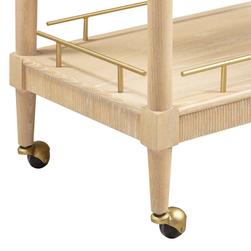 TOV Furniture Slosh Bar Cart in natural ash wood with a modern design, featuring a spacious top and storage shelves for drinks.